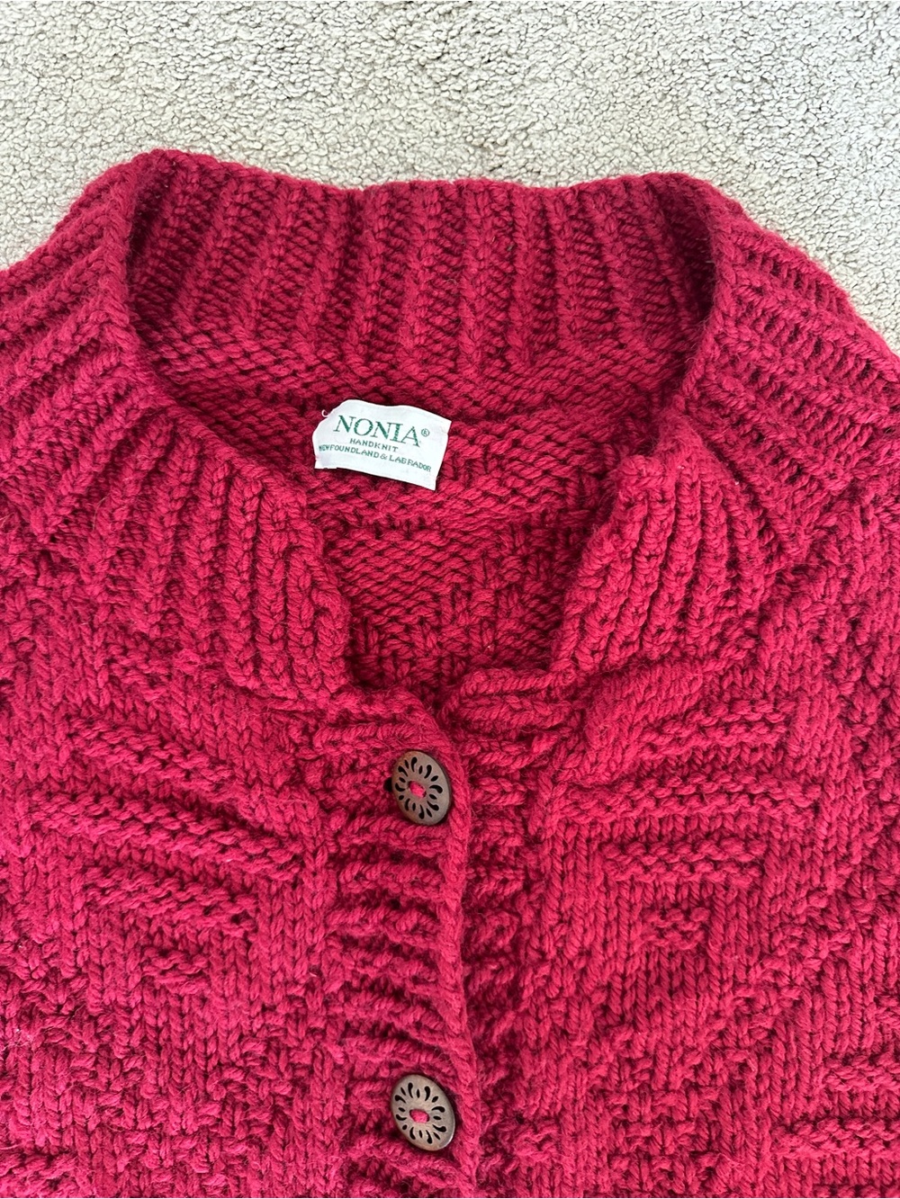 NONIA Vintage Hand Knit Wool Cardigan Sweater Raspberry Size Large** - Picture 5 of 14
